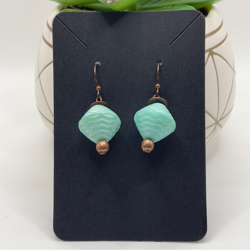 Vintage Mint Ceramic Tulip Earrings • Copper Boho Drops 🆕